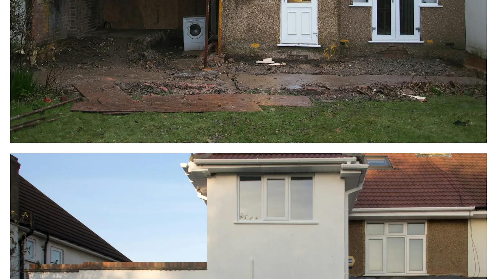 The same house shown before and after a rear extension was built
