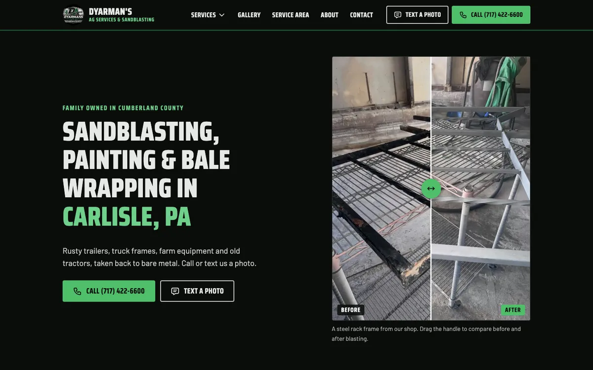 Sandblasting and ag services website homepage