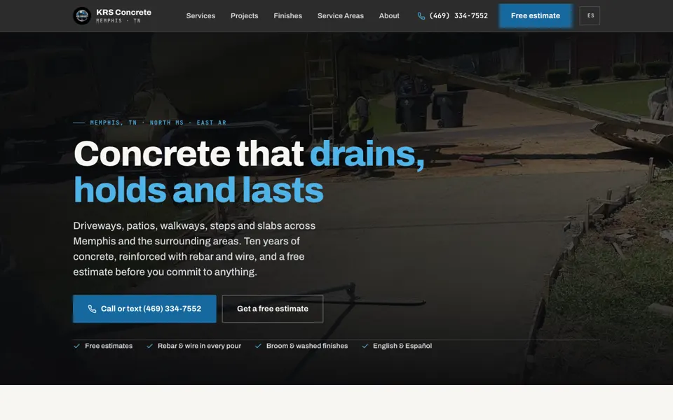 Homepage of a concrete contractor website