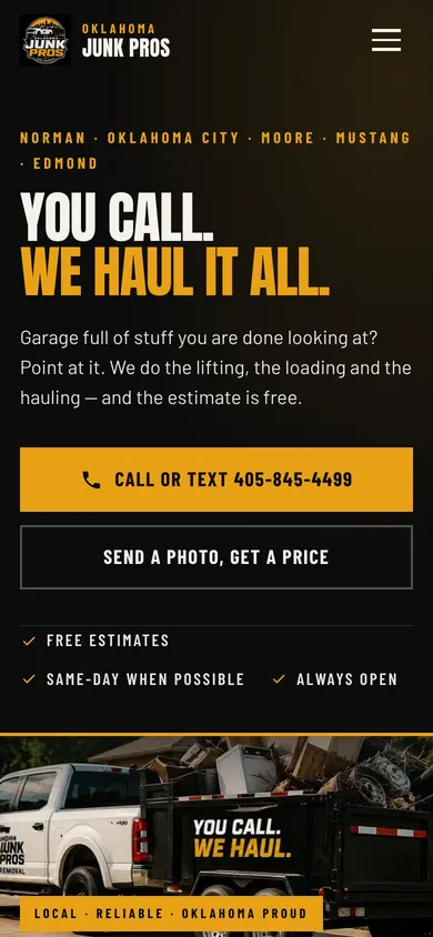 Mobile view of a junk removal website with a call button