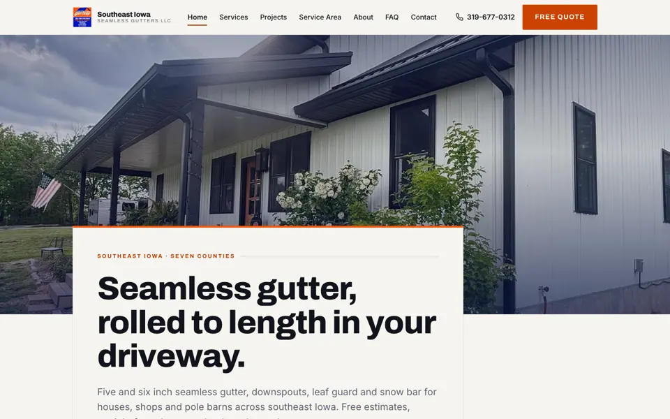 Homepage of a seamless gutter company website