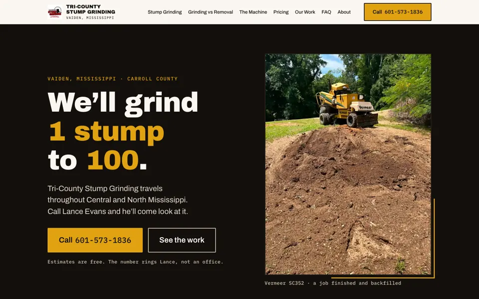 Homepage of a stump grinding company website